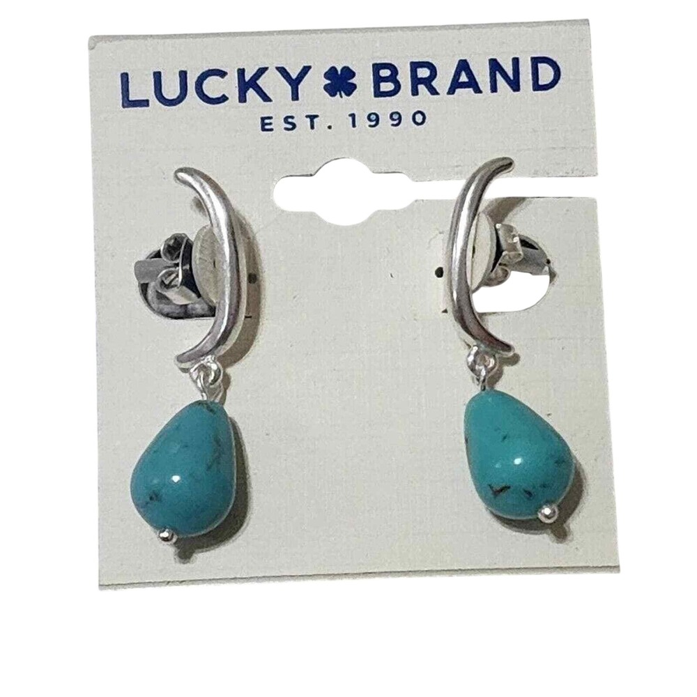 Lucky Brand Silver Tone Crescent Moon Faux Turquoise Teardrop Drop Earrings NEW
